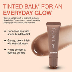 Palladio Butter Balm sheer tint closeup shows natural color and moisture boost.