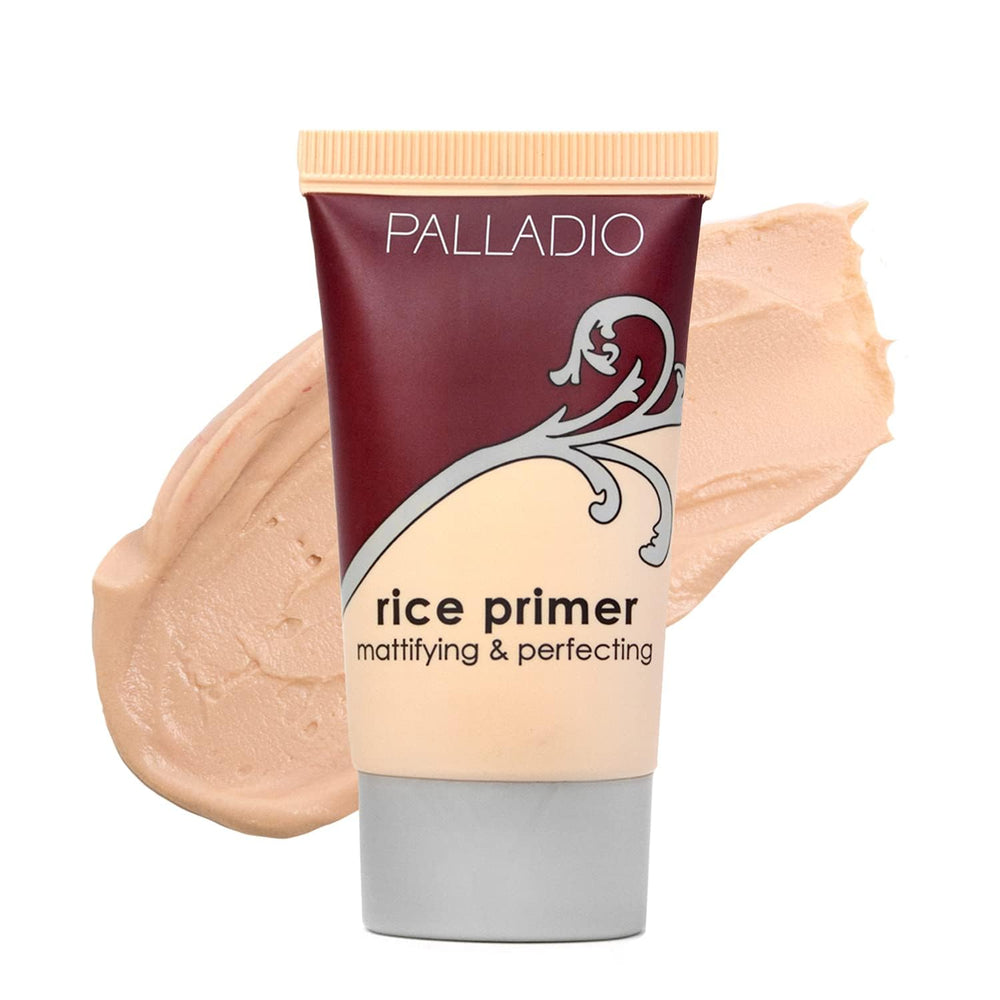 Palladio Rice Primer bottle demonstrates a lightweight base for oil control.
