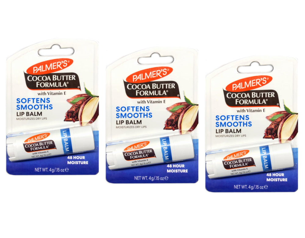 Palmer's Cocoa Butter lip balm 3-pack, smooth application for long-lasting moisture and SPF 15 protection.