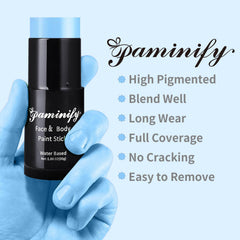 Paminify light-blue paint stick swirls smoothly for quick, even application on skin.