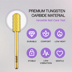 PANA gold coarse drill bit on nail care table illustrating safe cuticle protection during filing.