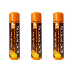 Panama Jack Sunscreen Lip Balm Dreamsicle packaging highlights SPF 45 protection for daily lips.
