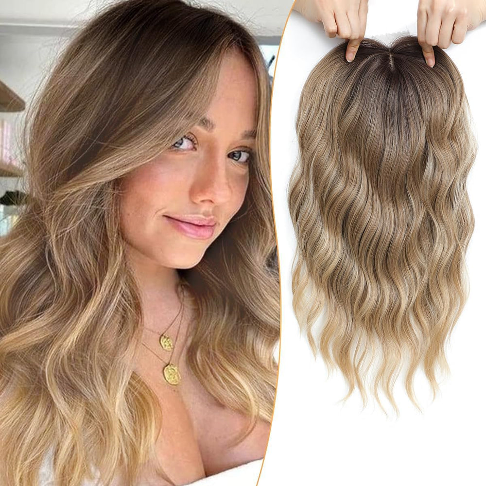 Paneway 16inch wavy curly topper with dark root adds natural volume.