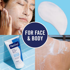 PanOxyl Creamy Acne Wash on face and back demonstrates pore cleansing for blemish-friendly routine.