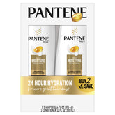 Pantene Daily Moisture Renewal Duo shampoo bottle close-up for soft, manageable hair.