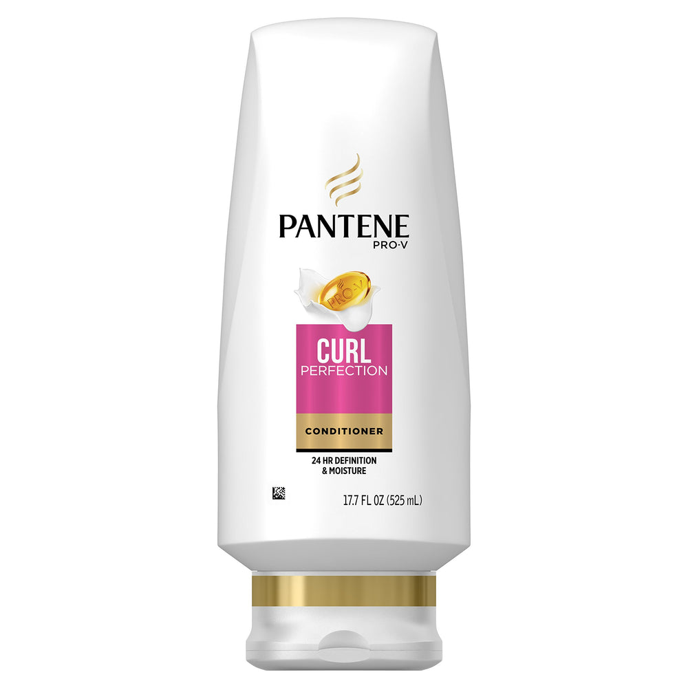 Pantene Pro-V Curl Perfection conditioner bottle closeup for defined, frizz-free curls.