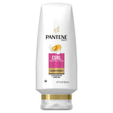 Pantene Pro-V Curl Perfection conditioner bottle closeup for defined, frizz-free curls.