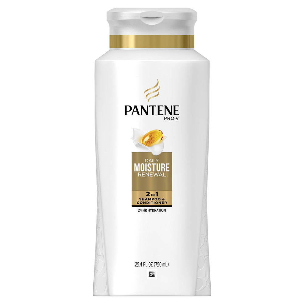 Pantene Pro-V Daily Moisture Renewal bottle front shows all-day moisture and detangling potential.
