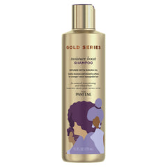 Pantene Pro-V Gold Series Moisture Boost Shampoo bottle highlights hydrating argan oil formula.