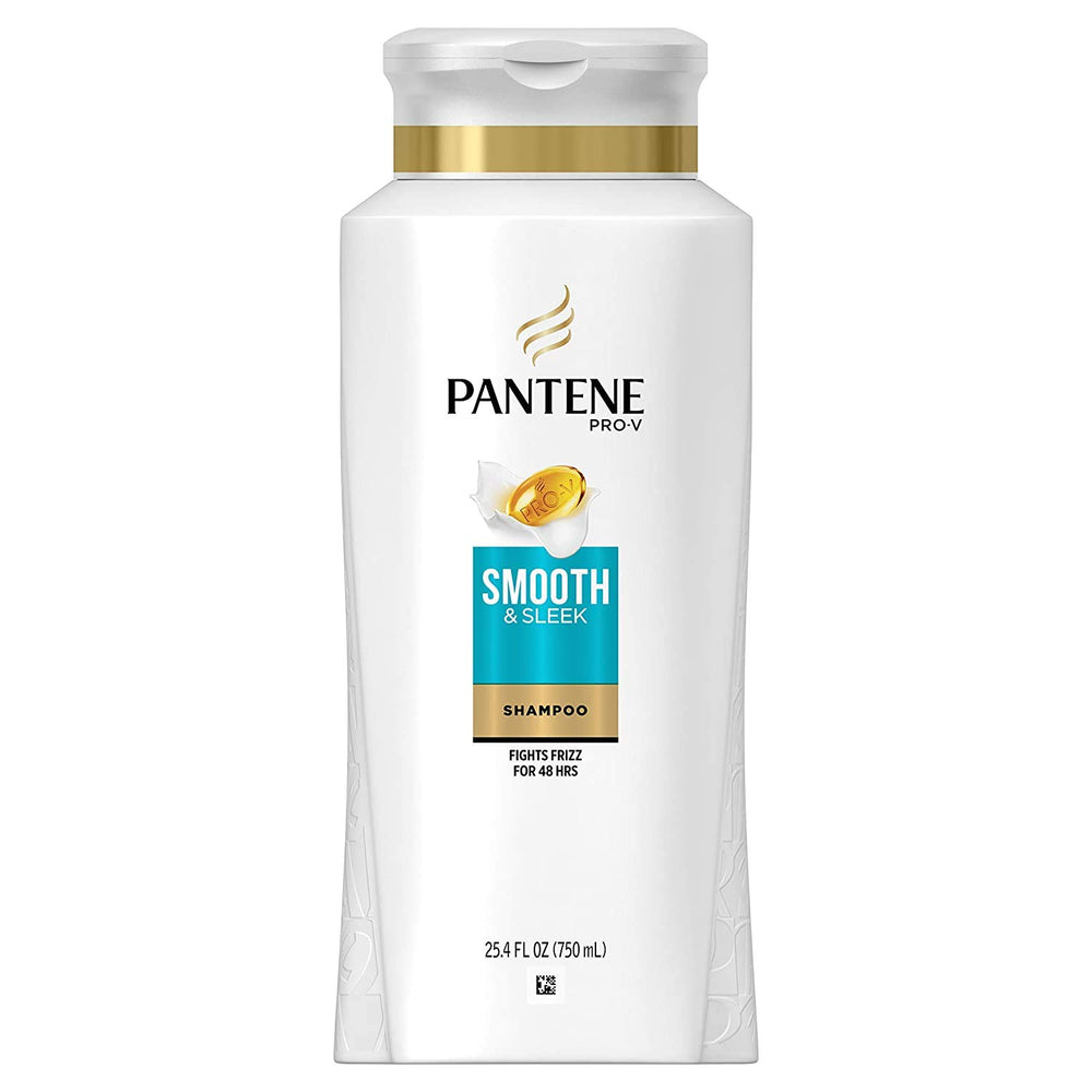 Pantene Pro-V Smooth & Sleek shampoo bottle close-up showing hydration and frizz control.