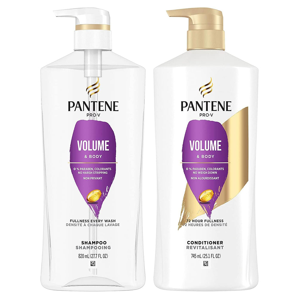 Pantene Volume & Body shampoo bottle shows lightweight nourishment for fine hair.