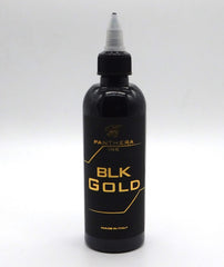Panthera Black BLK Gold ink bottle close-up showing deep black shade and EU compliance.