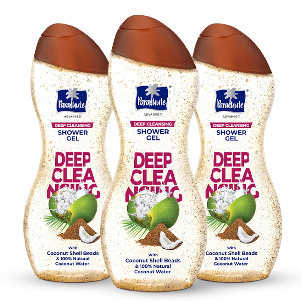 Parachute Advansed Coconut Exfoliating Body Wash bottle pour for a refreshing cleanse.