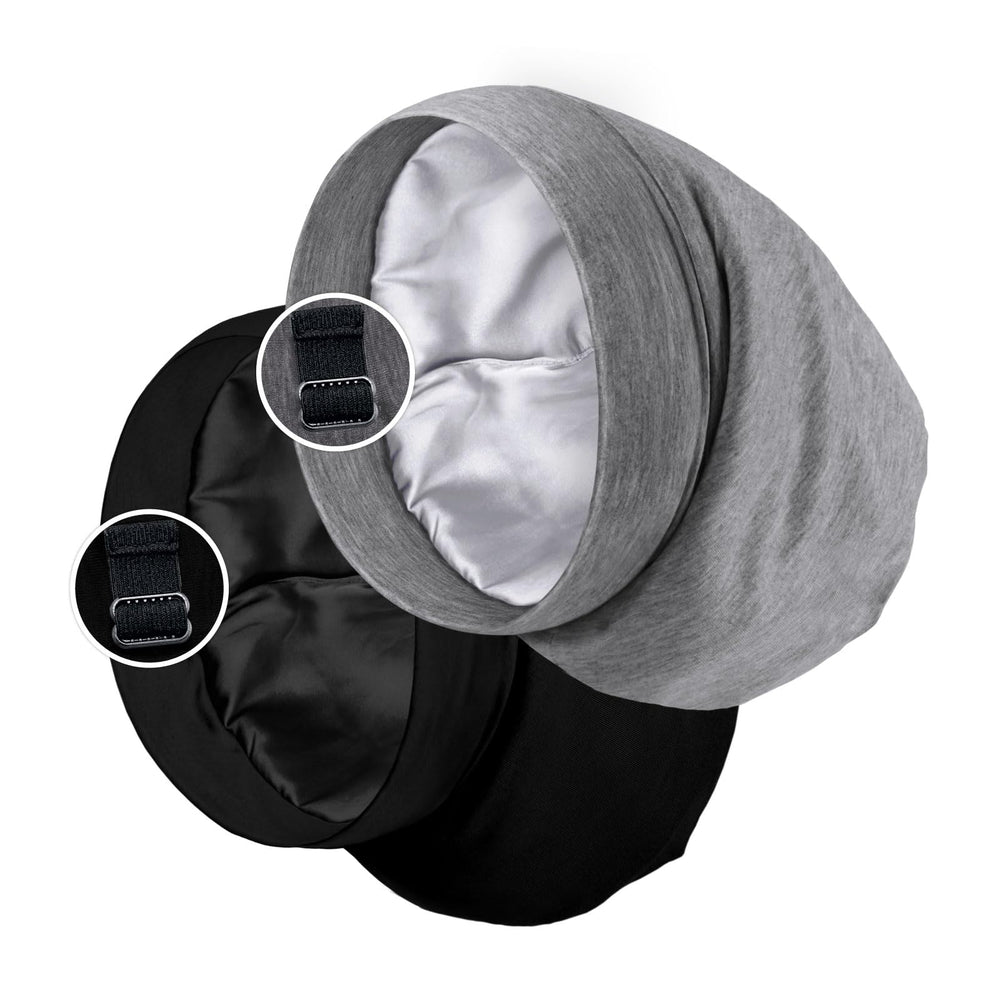 ParisBella satin lined sleep cap with adjustable strap secures hair overnight