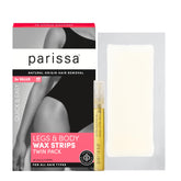 Parissa natural legs and body wax strips packaging shows eco-friendly materials for at-home waxing.