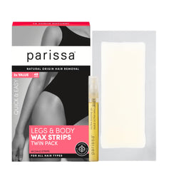 Parissa natural legs and body wax strips packaging shows eco-friendly materials for at-home waxing.