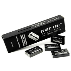 Parker 100-count blades close-up with platinum coating for smooth shaves