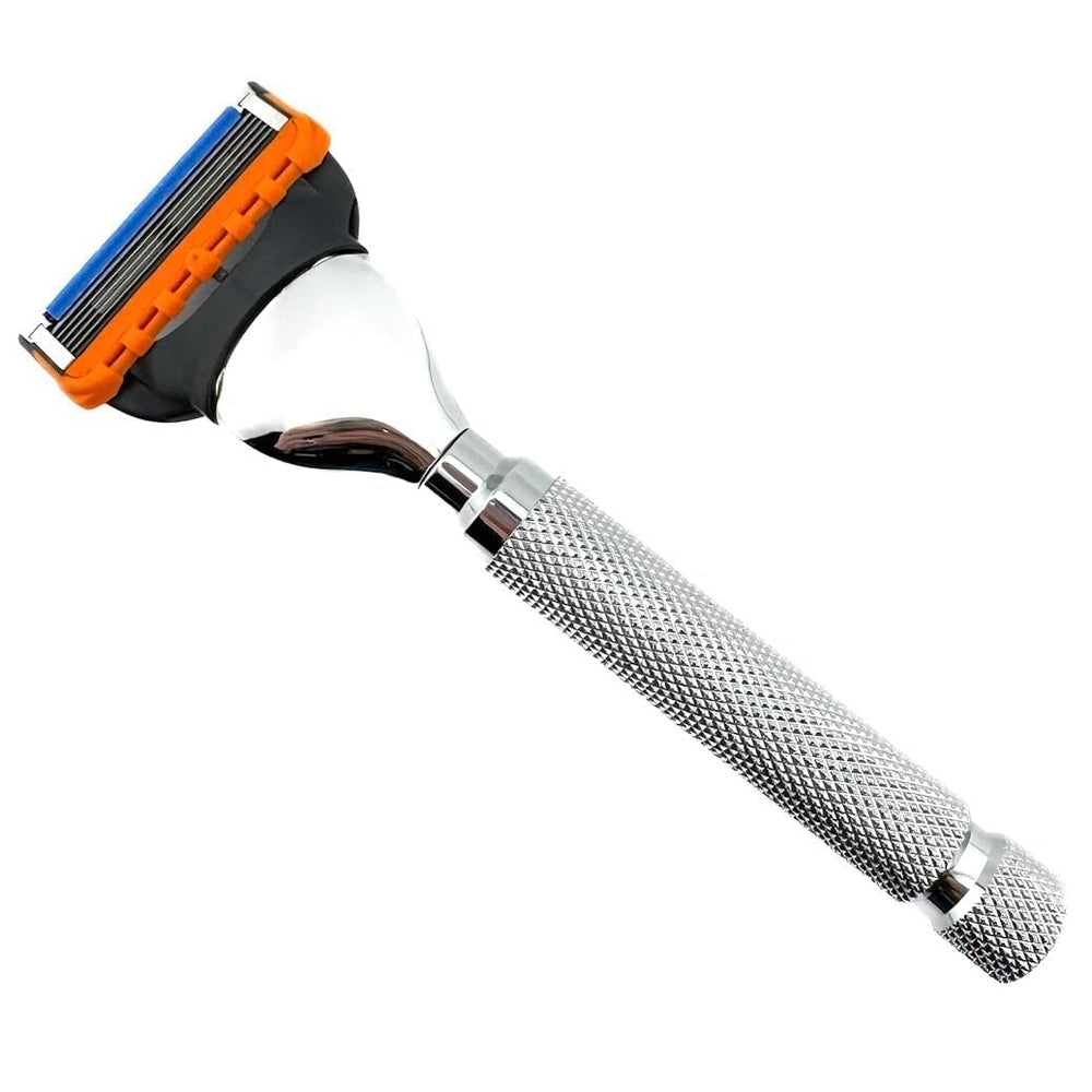 Parker Safety Razor weighted-handle close-up for controlled pressure and smoother shaving.