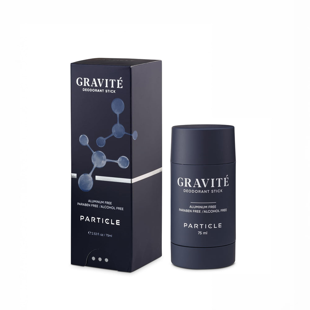 Particle Gravité Deodorant front bottle with daily confidence messaging