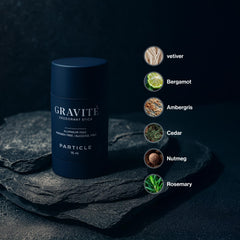 Particle Gravité Deodorant top notes featuring bergamot and grapefruit for energizing freshness