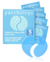 Patchology iced cooling under-eye patches in package offering refreshing relief for tired eyes.