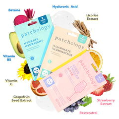 Patchology renewing-mask-strawberry close-up hints at calm, silky skin.