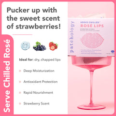 Patchology Serve Chilled Rosé Lip Mask hyaluronic acid detail highlights moisture benefits.
