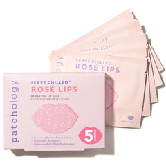 Patchology Serve Chilled Rosé Lip Mask packaging highlights travel-ready five-pack for on-the-go hydration.
