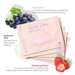 Patchology Serve Chilled Rosé Lip Mask Hyaluronic Acid graphic emphasizes deep hydration and plump feel.