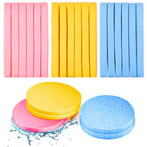 Patelai compressed facial sponges pink-yellow-blue pack for gentle cleansing and exfoliation.