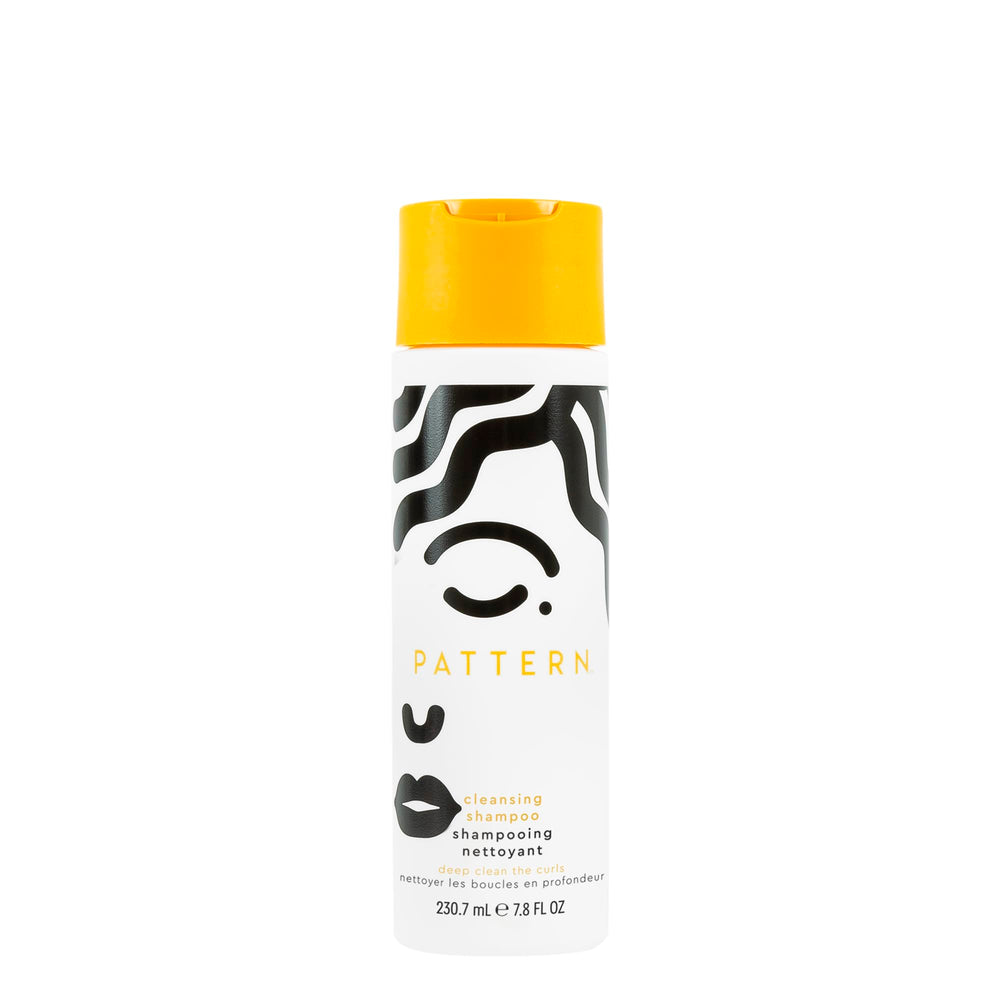 PATTERN Beauty cleansing shampoo bottle label promotes clarifying cleanse for curly hair