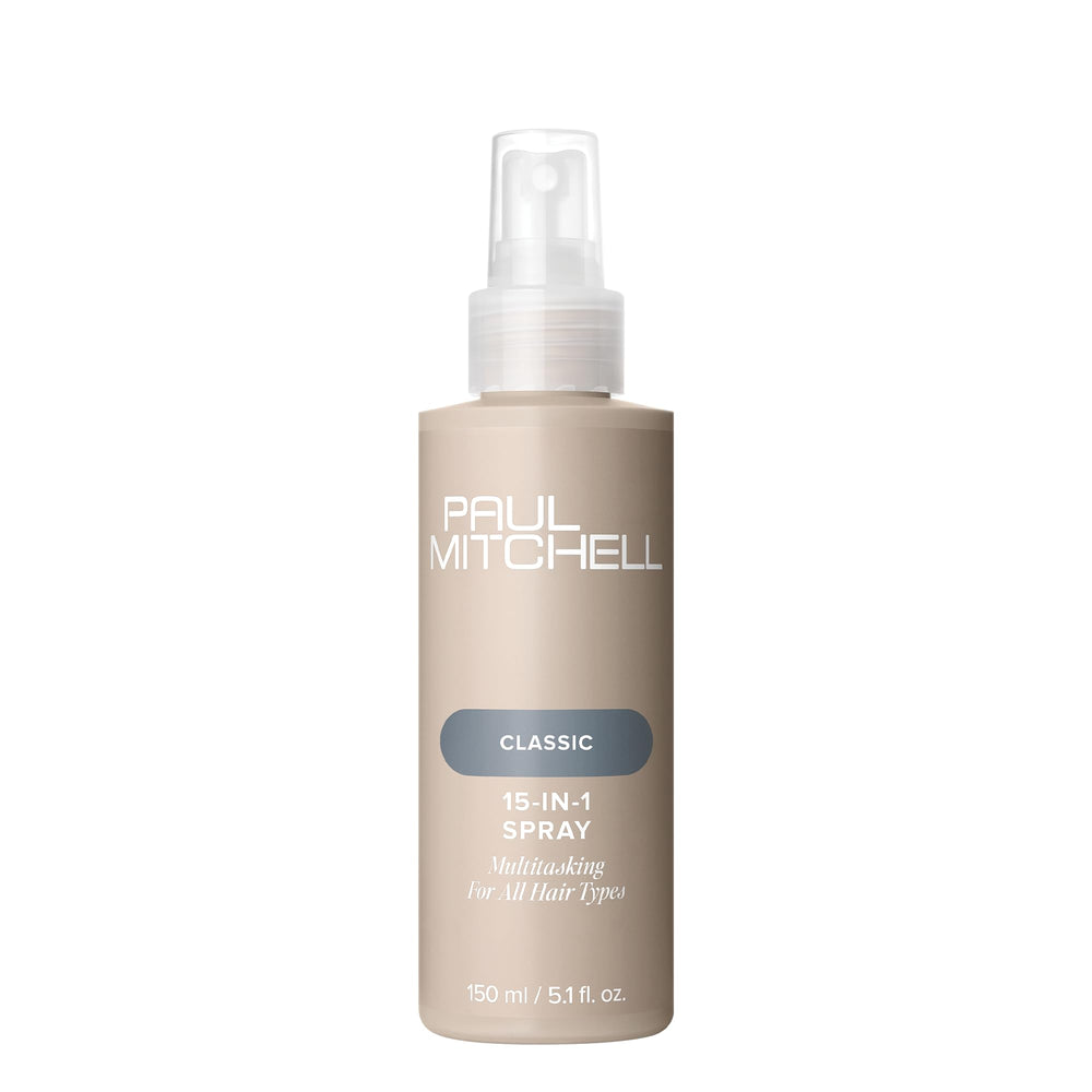 Paul Mitchell 15-In-1 Spray bottle front view for versatile all-hair protection.