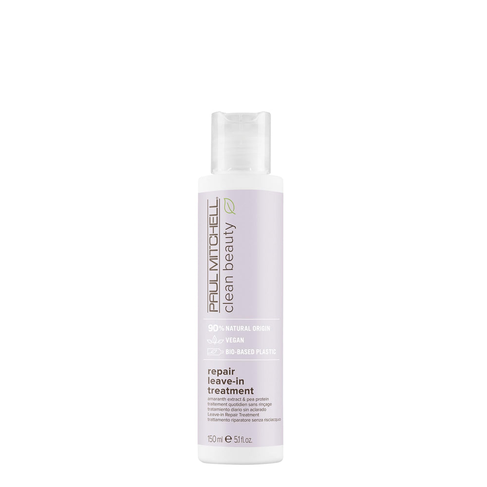 Paul Mitchell Clean Beauty Repair Leave-In Treatment bottle highlights reparative formula for damaged hair