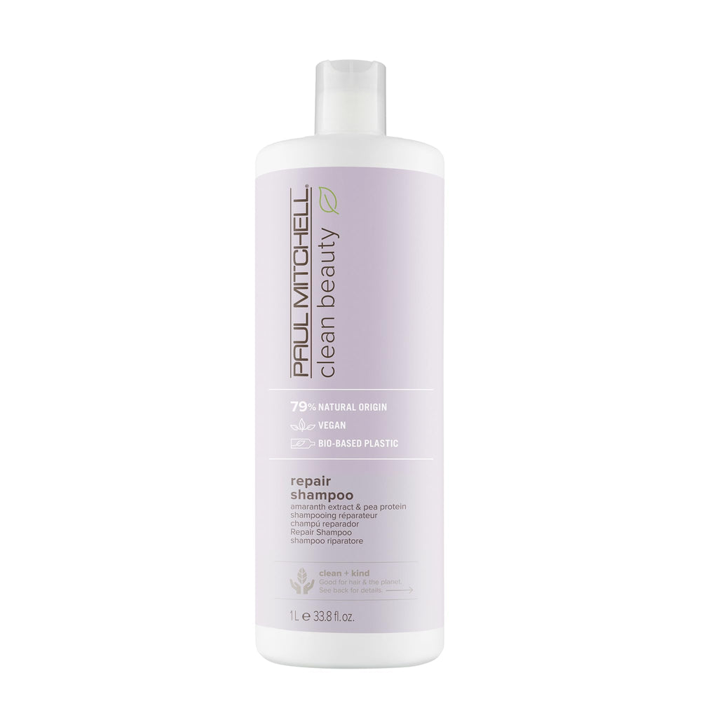 Paul Mitchell Clean Beauty Repair Shampoo bottle highlights strengthening formula for damaged hair