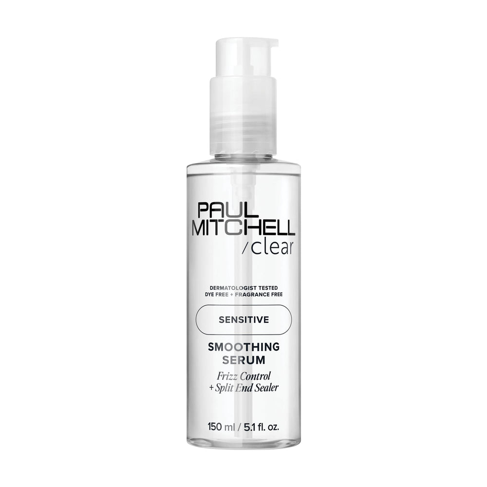 Paul Mitchell Clear Smoothing Serum bottle shows fragrance-free formula for sensitive scalps.