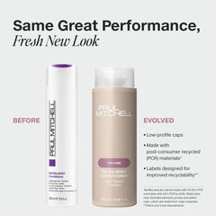 Paul Mitchell Extra-Body Conditioner applying image shows detangling and smoother hair.