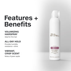 Paul Mitchell Extra-Body Hairspray close-up volume demonstrates body-building ingredients
