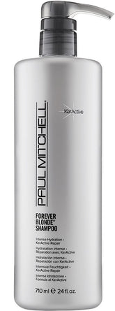 Paul Mitchell Forever Blonde shampoo bottle pour shows gentle cleansing for bleached hair.