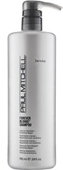 Paul Mitchell Forever Blonde shampoo bottle pour shows gentle cleansing for bleached hair.