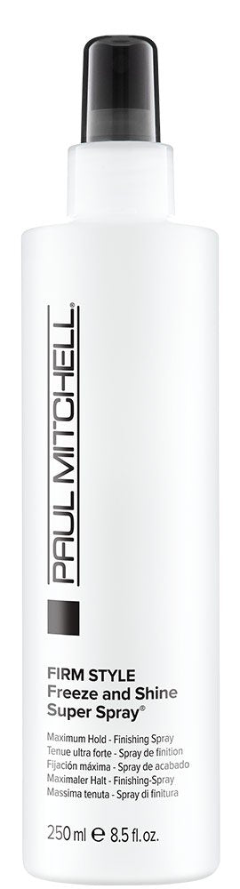 Paul Mitchell Freeze and Shine bottle front view shows strong hold and shine.