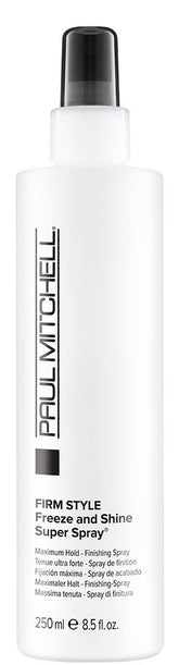 Paul Mitchell Freeze and Shine bottle front view shows strong hold and shine.