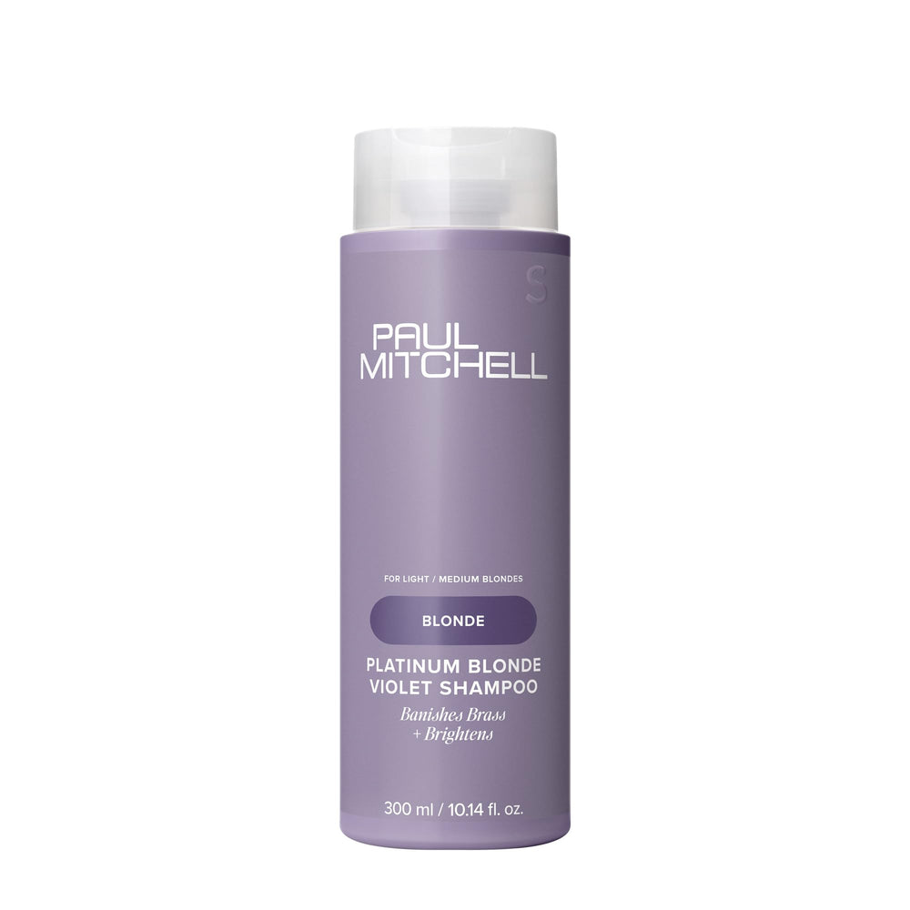 Paul Mitchell Platinum Blonde Violet Shampoo bottle front for brassy-tone control and brightening