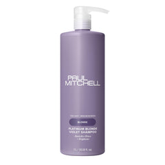 Paul Mitchell Platinum Blonde Violet Shampoo bottle pouring to banish brass and hydrate