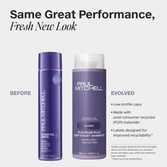 Paul Mitchell Platinum Plus Deep Violet Shampoo label close-up shows violet toning action.