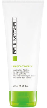 Paul Mitchell Straight Works gel bottle closeup shows smoothing finish for frizz control
