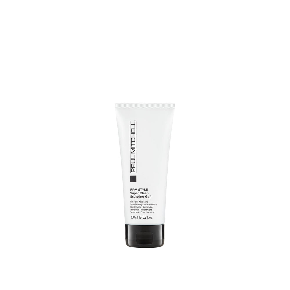 Paul Mitchell Super Clean Sculpting Gel bottle shows firm hold for lasting style.