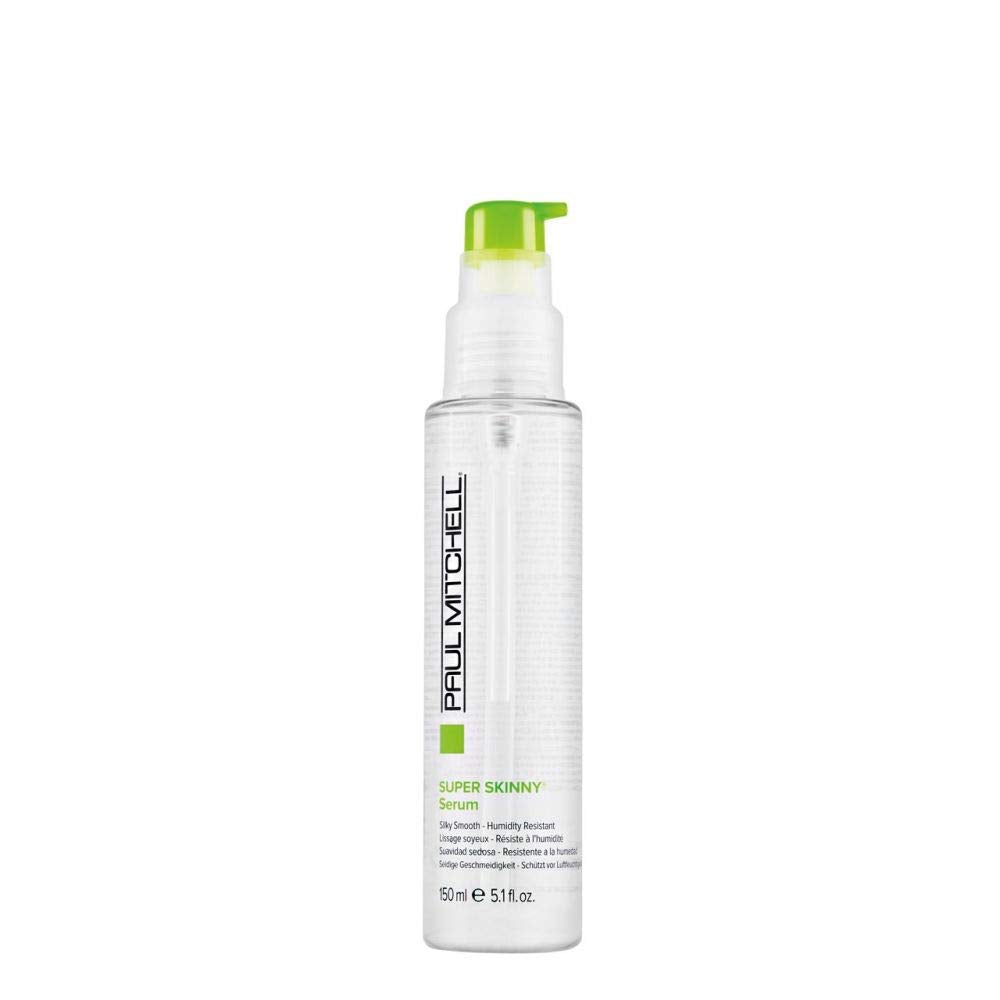 Paul Mitchell Super Skinny Serum bottle highlighting heat protection and smooth results