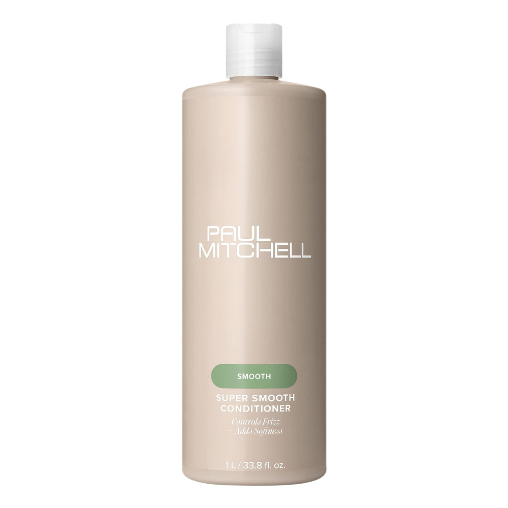 Paul Mitchell Super Smooth Conditioner bottle front view shows frizz-control benefits for sleek hair