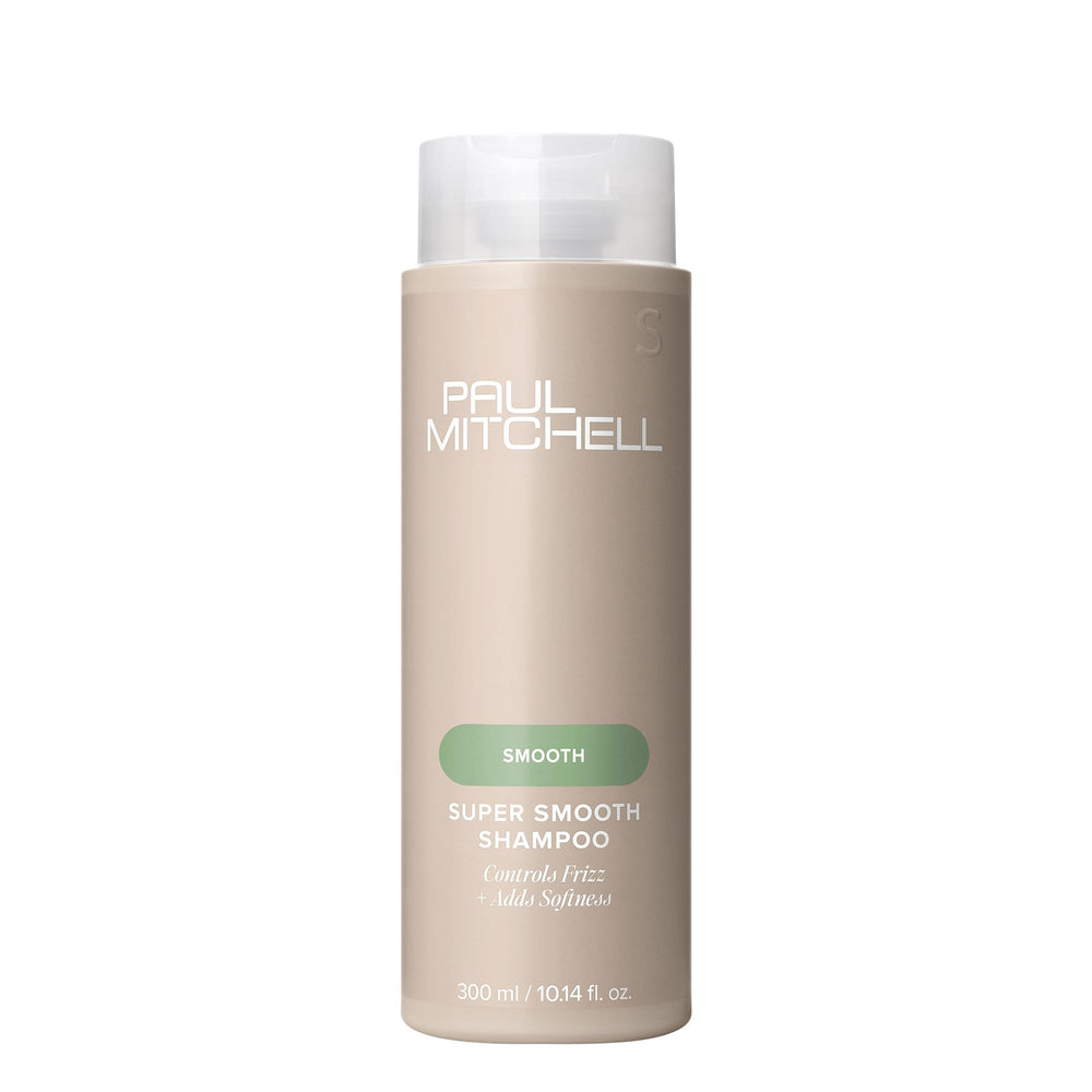 Paul Mitchell Super Smooth Shampoo bottle shows frizz control for daily use.