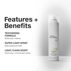 Paul Mitchell Texturizing Spray on hair showing volume at the roots for lift.